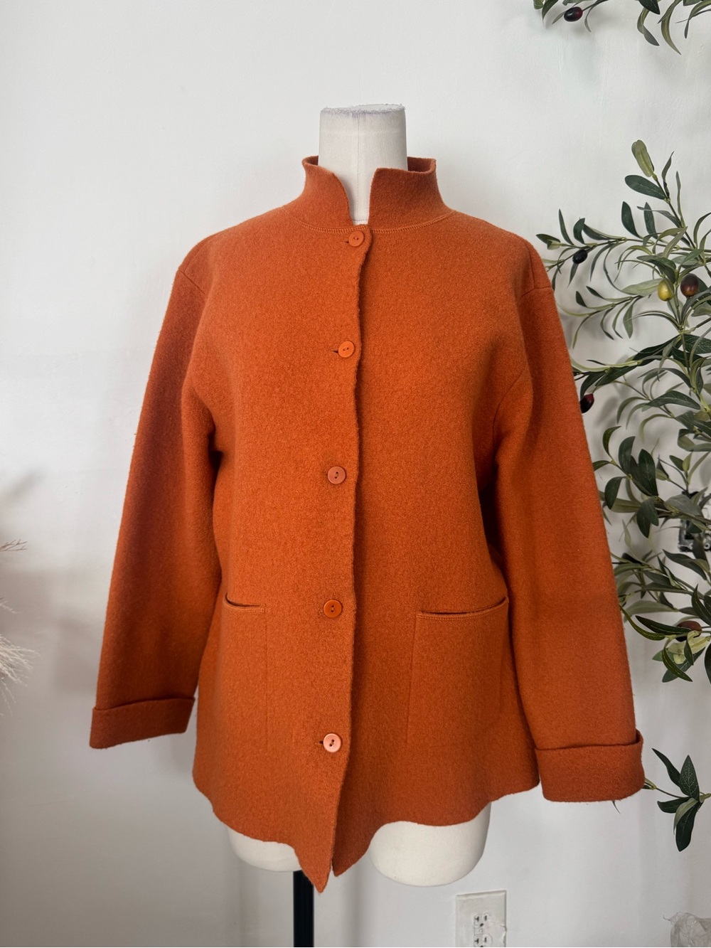 Eileen Fisher Petite 100% Wool Boiled Wool Orange Jacket PL
